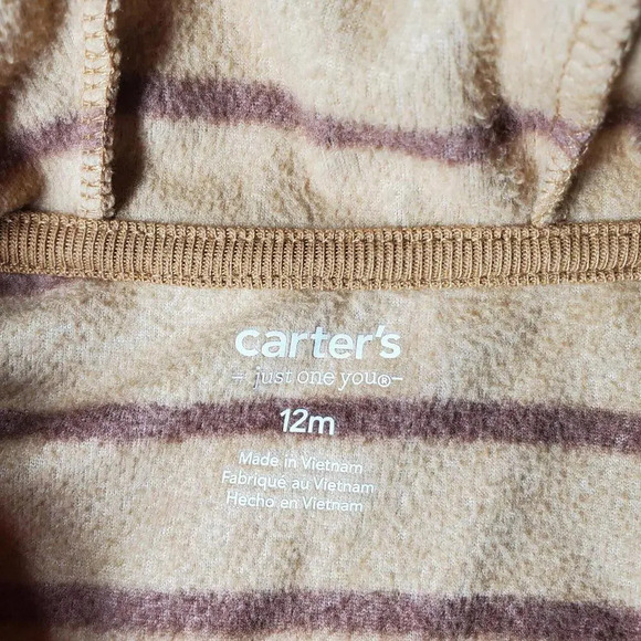 Just One You Carter's 12m Brown Striped Fleece Bear Jumpsuit Coverall Romper - Picture 3 of 12